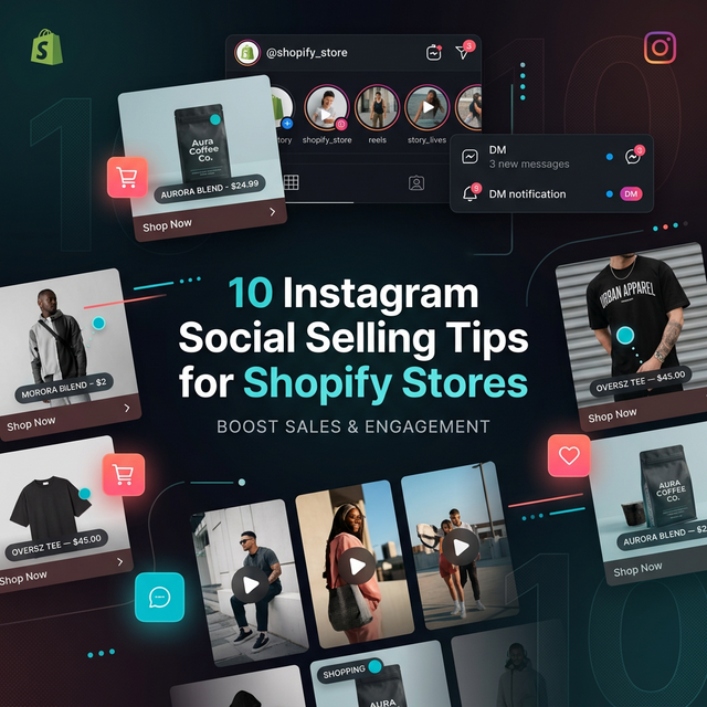 Instagram grid with product posts, Reels, and shopping tags showing a complete social selling setup for a Shopify brand